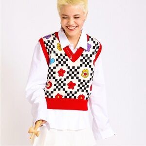 Kina & Tam Size XL Red Black White Checkered Floral Funky Sweater Vest